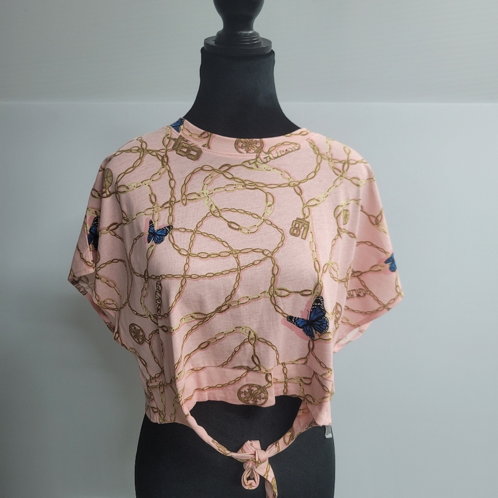 Women's guess chain & charms pink combo dolly bow tee Size M